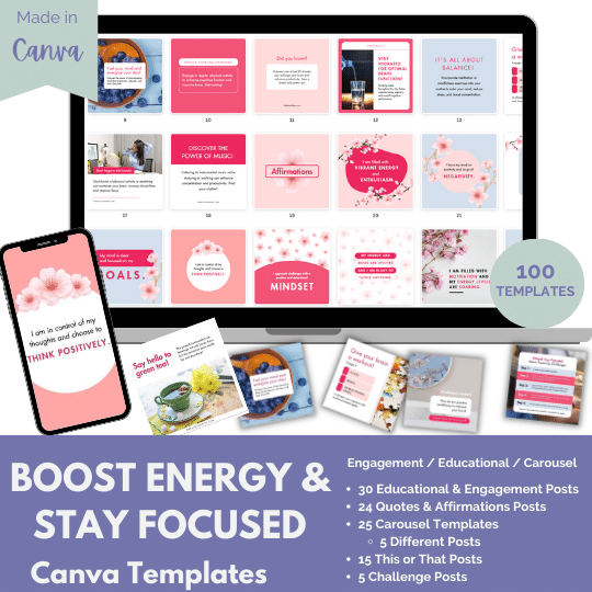 100 Boost Energy & Stay Focused Canva Templates for Social Media